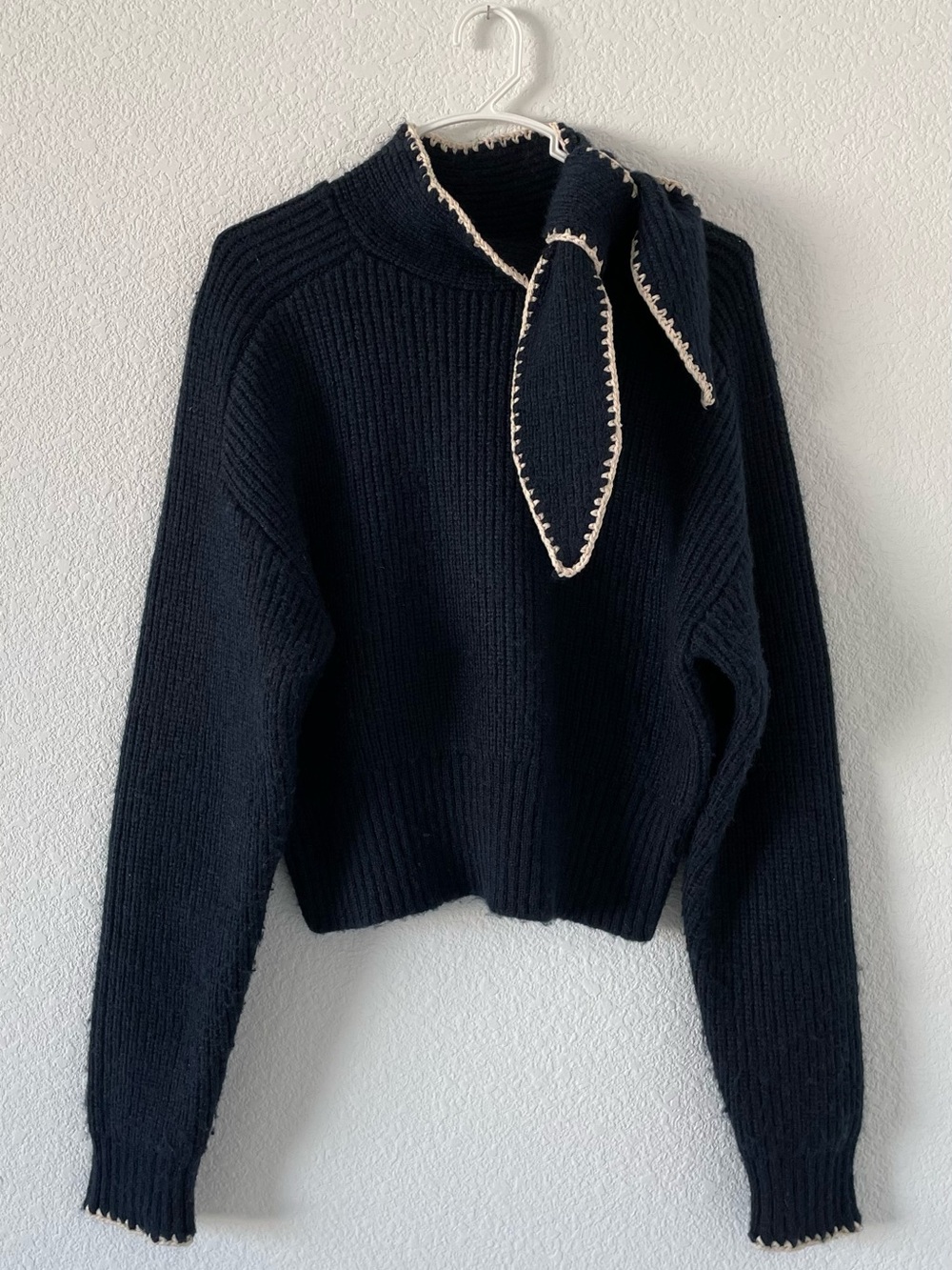 Zara Navy Knit Sweater with Scarf Tie Contrast Crochet Trim M